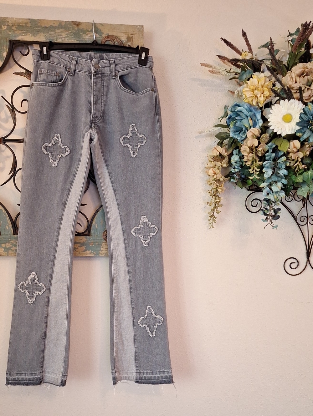 Gray Two-Tone Straight Leg Jeans with Decorative Patchwork. Size 30